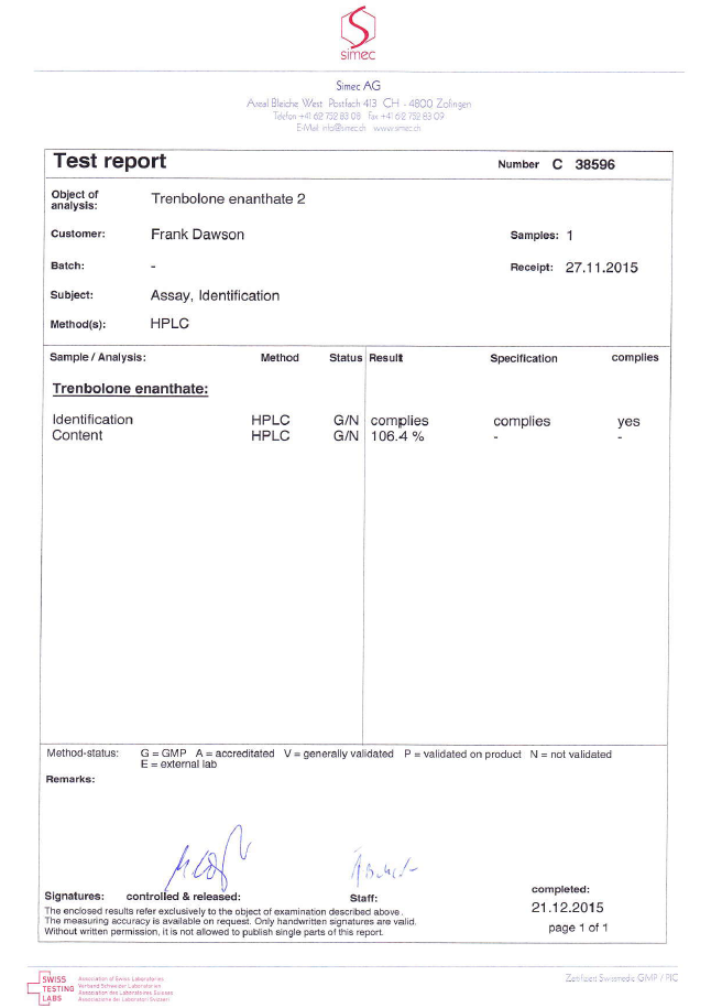 PHARMA TREN E 200 Trenbolone enanthate - purity report
